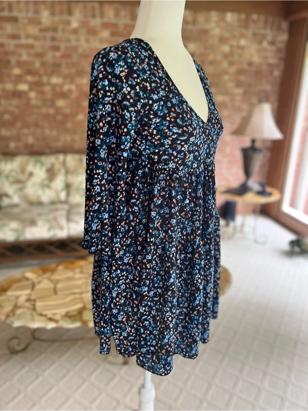 La La Land Creative Co. Navy Blue Floral Babydoll Mini Dress XS Cottagecore